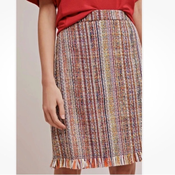 Anthropologie Sz 2 Tweed Fringe Hem Pencil Skirt Multicolor Cotton Acrylic - Picture 2 of 9